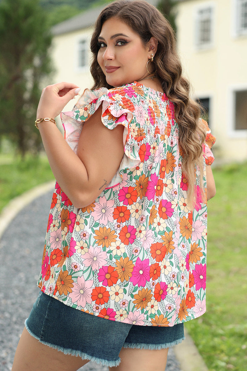 Kimber Plus Floral Notched Neck Ruffle Sleeve Blouse