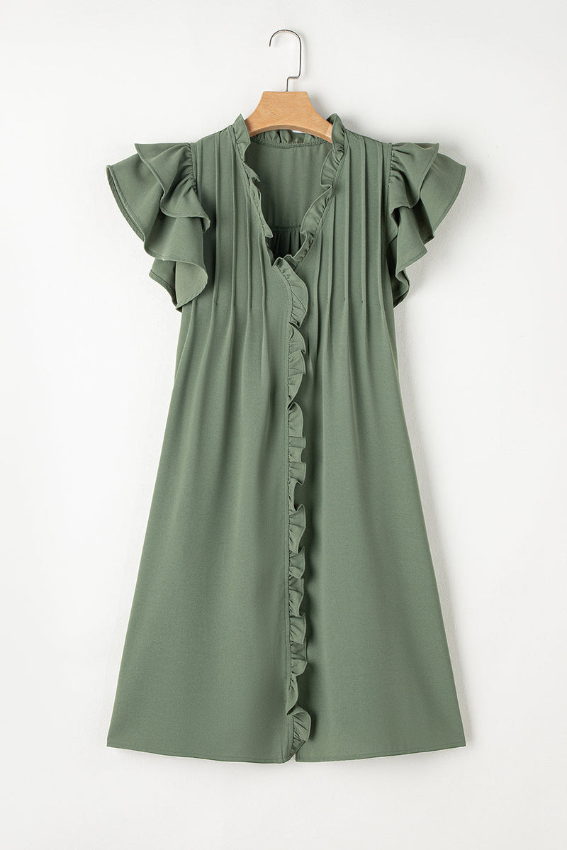 Pearl Ruffle Sleeve v Neck Frilled Shift Dress