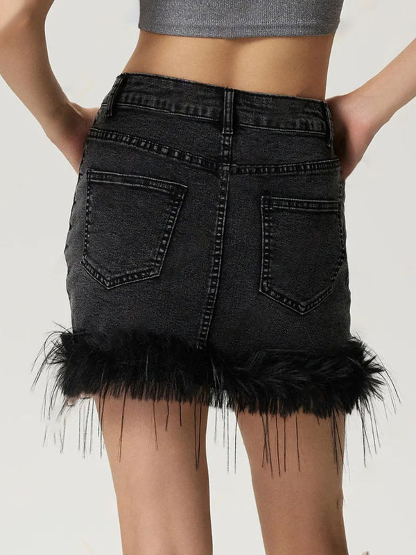 Plush Hem Mini Denim Skirt