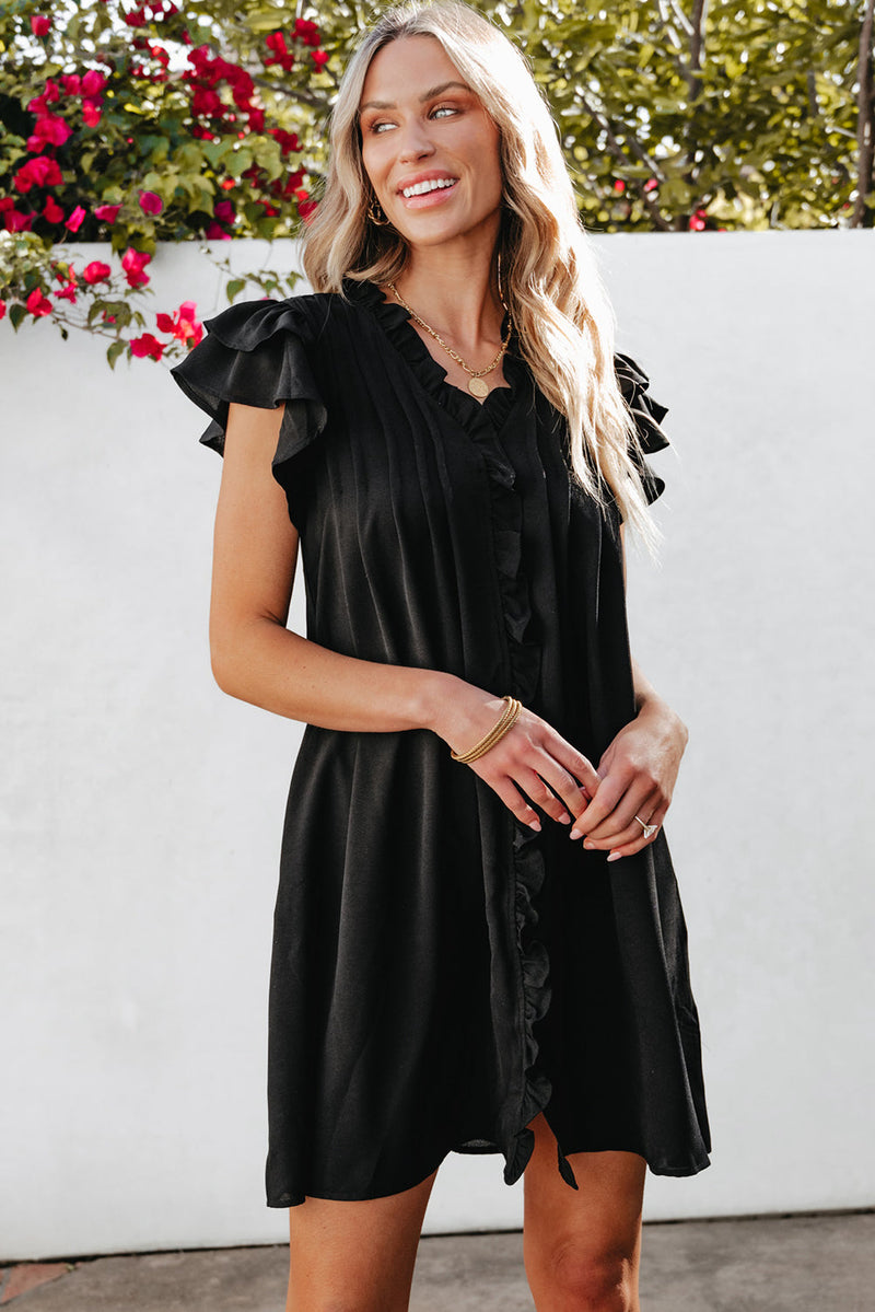 Pearl Ruffle Sleeve v Neck Frilled Shift Dress