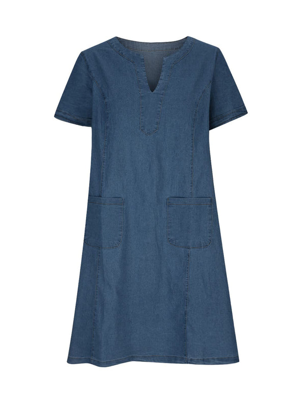 Full Size Notched Short Sleeve Denim Dress