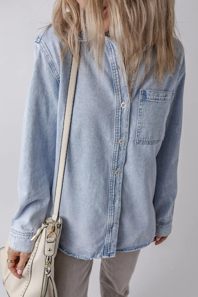 Pocketed Collared Neck Denim Top