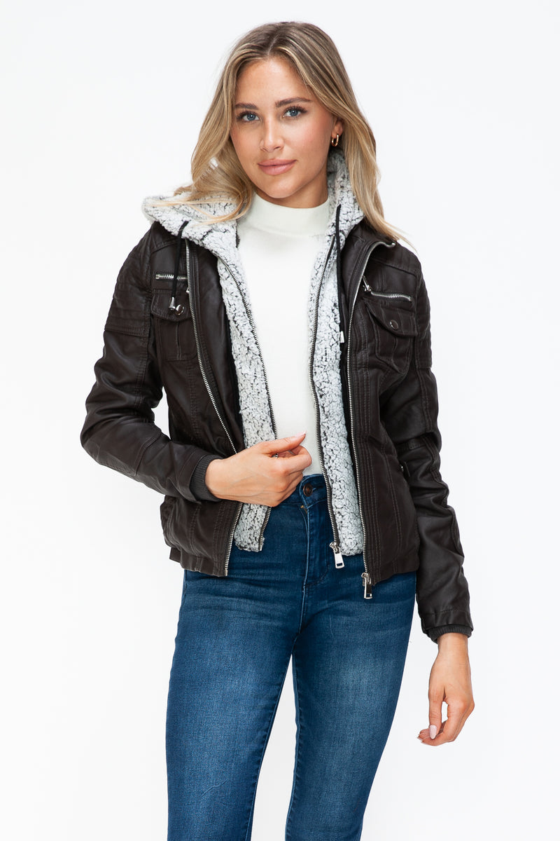 YMI Removable Faux Layered Multi-Pocket Jacket with Fuzzy Hood