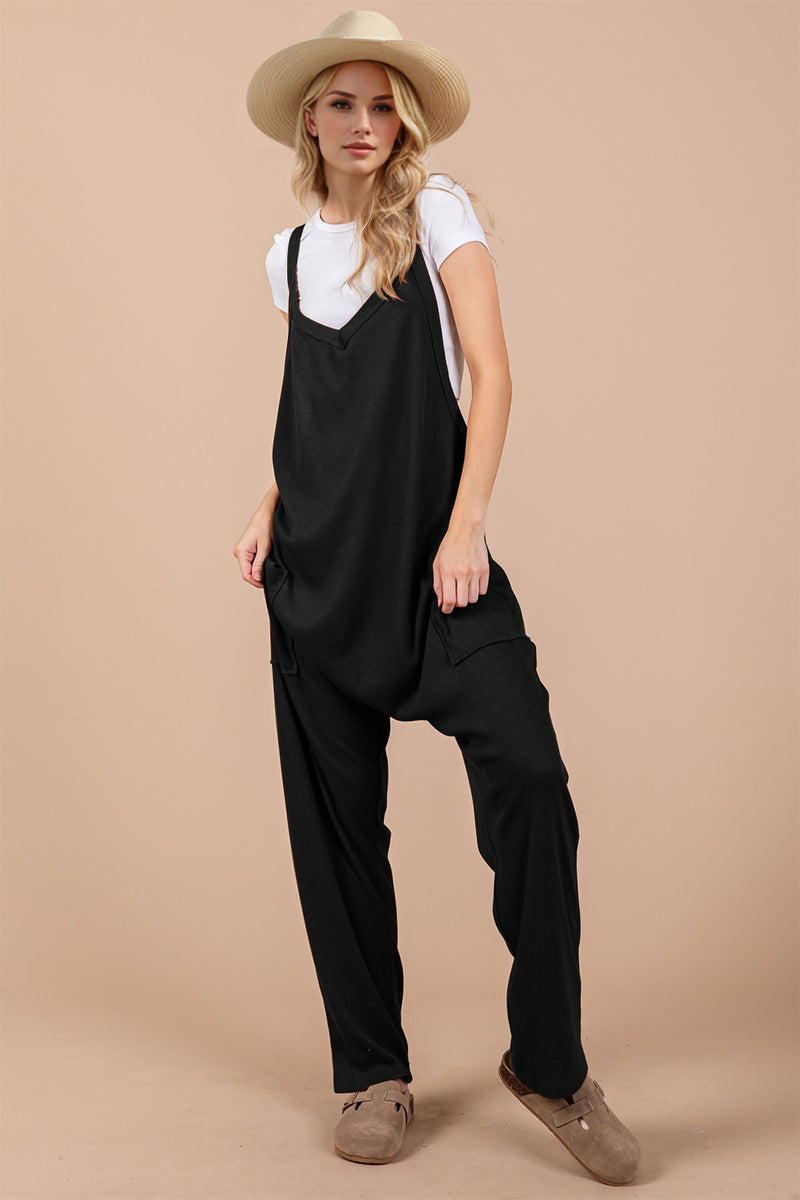 OH Full Size V-Neck Wide Strap Overalls with Pockets