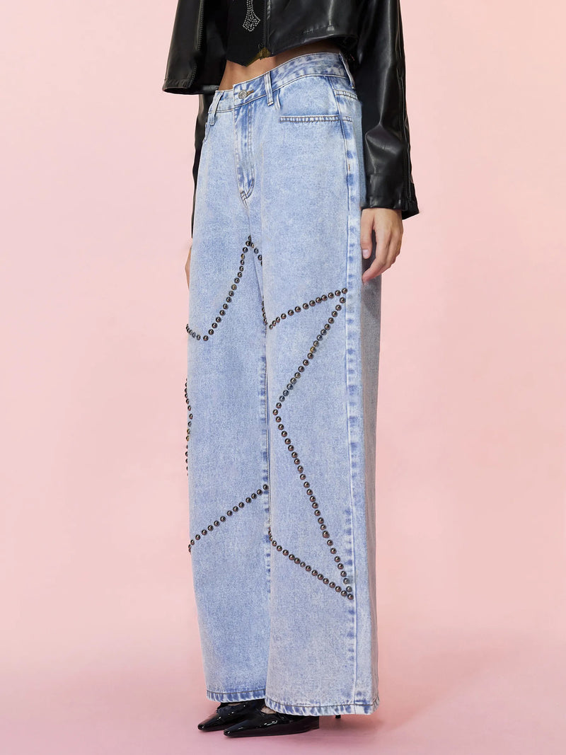 Studded Star Straight Jeans with Pockets