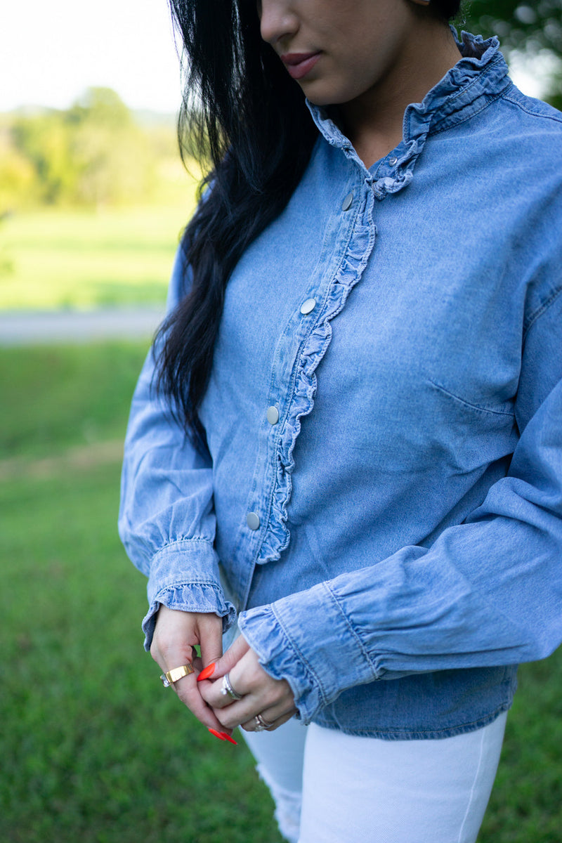 Allyson Ruffled Long Sleeve Buttoned Denim Shirt