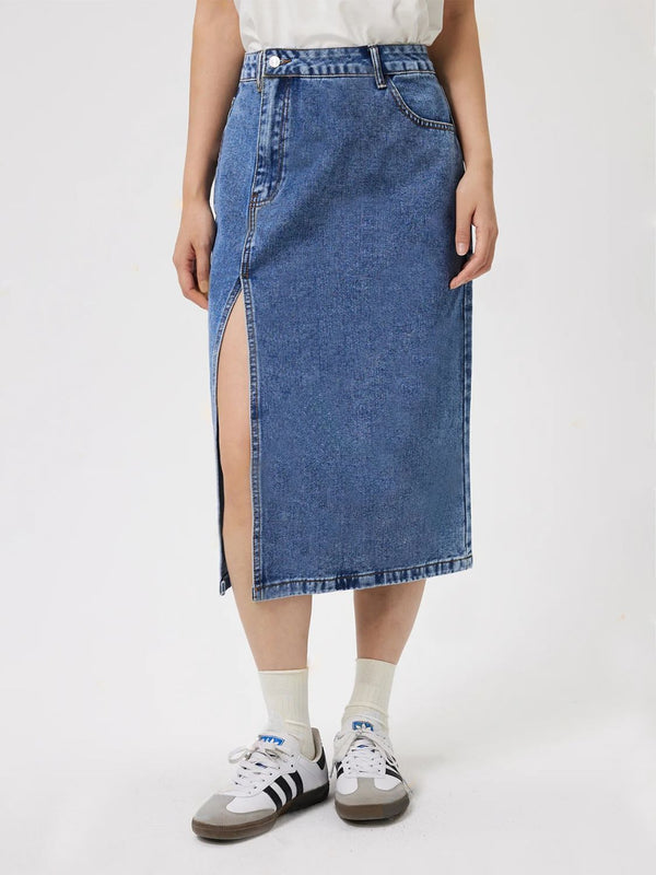 Slit Midi Denim Skirt with Pockets