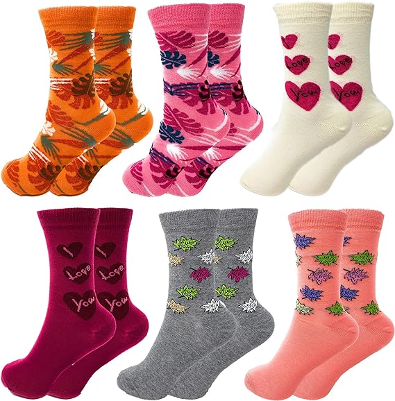 6 Pairs Women's Colorful Combed Cotton Crew Socks Size 9-11 Soft and Breathable