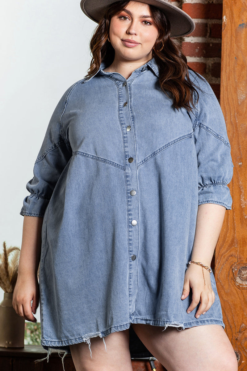 Adley Ruffled 3/4 Sleeve Buttoned Front Plus Size Denim Dress