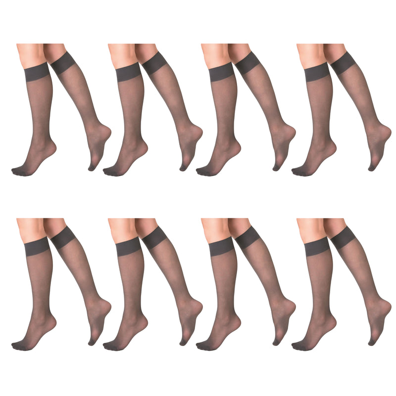 8 Pairs Sheer Knee High Socks for Women 15 Denier With Stay-Up Band One Size