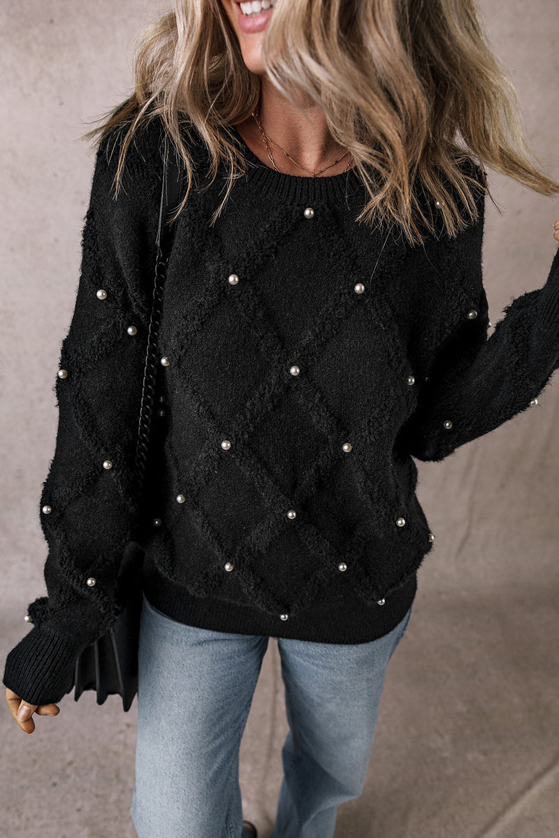 Valerie Pearl Embellished Rhombus Pattern Sweater