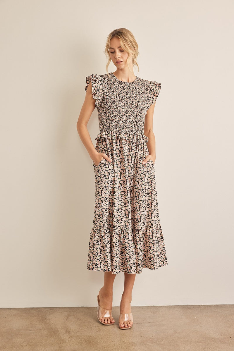 In February Floral Smocked Ruffled Midi Dress