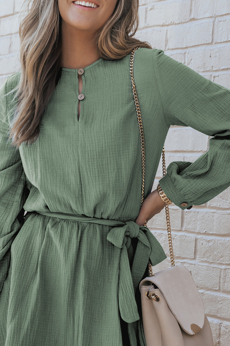 Round Neck Long Sleeve Tie Waist Dress