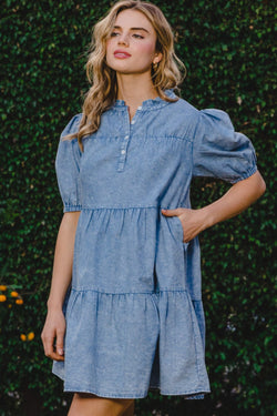 ODDI Washed Tiered Mini Denim Dress