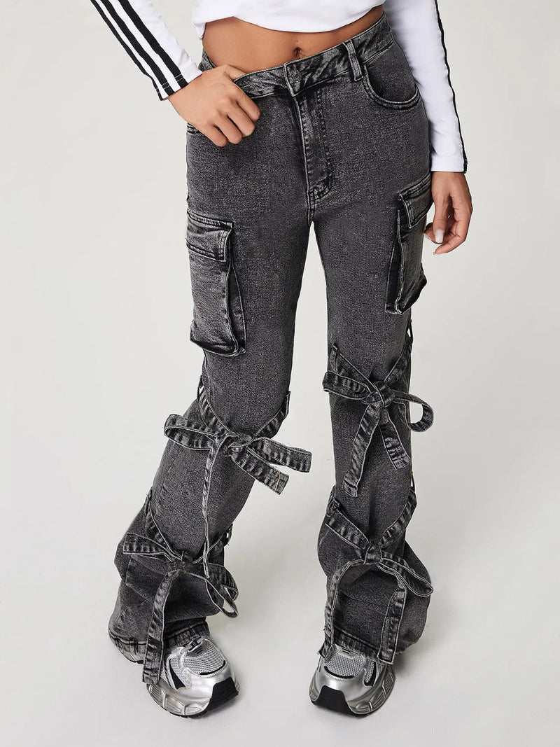 Bow Tied Mid Rise Jeans with Cargo Pockets