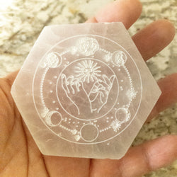 NEW Celestial Engraved Selenite Hexagon Plate