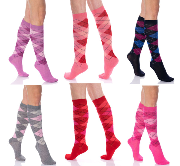 6 Pairs - Argyle Knee High Socks for Women Colorful Over the Calf Knee Socks