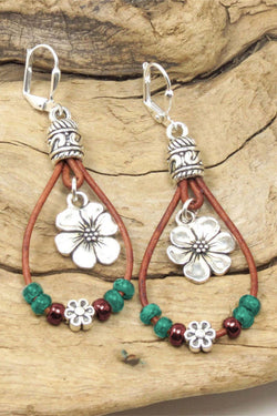 Silvery Western Leather Beaded Floral Dangle Earrings