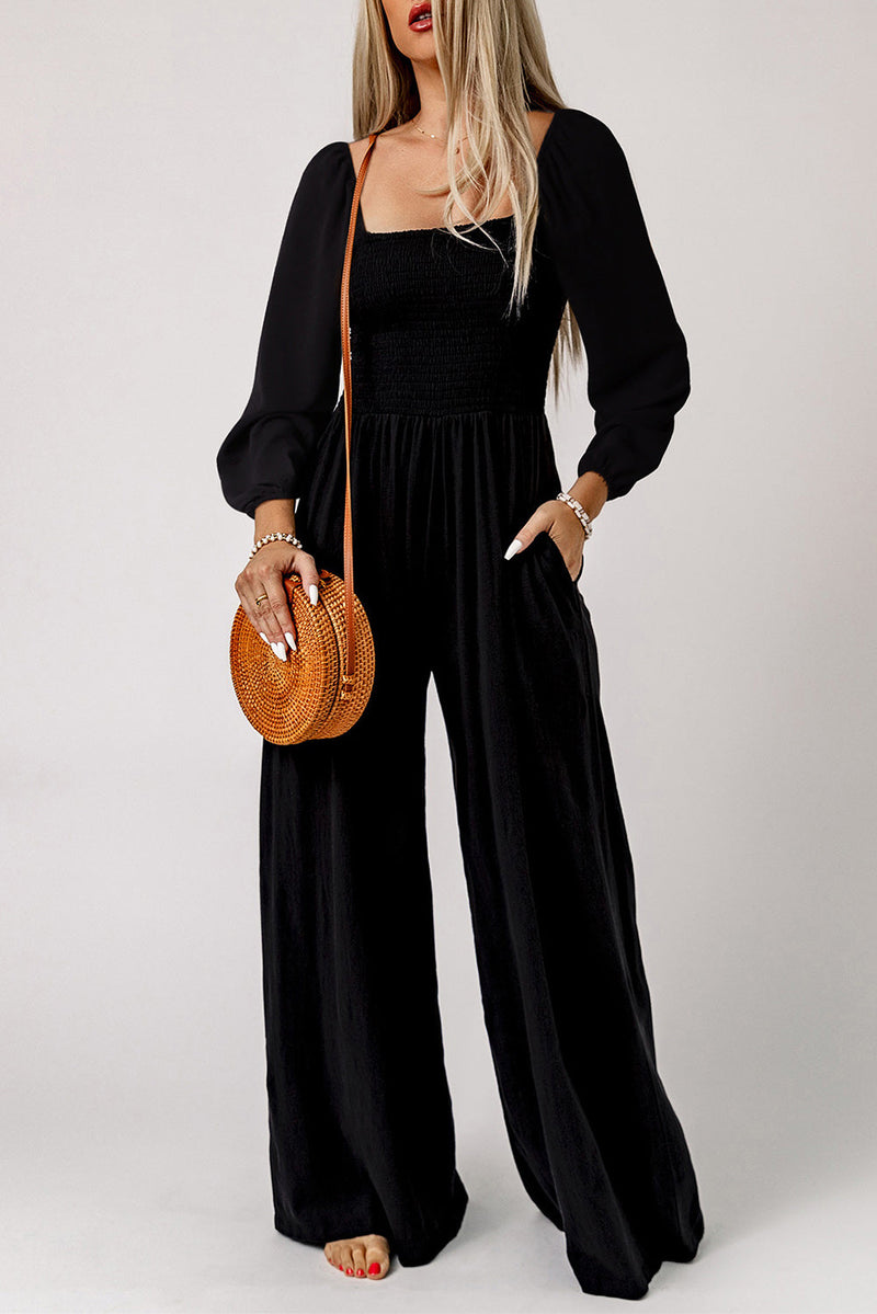 Ryleigh Smocked Square Neck Long Sleeve Wide Leg Jumpsuit