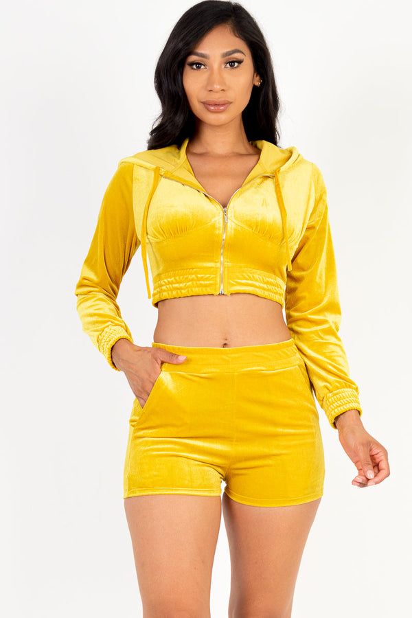 Velour Crop Zip Up Hoodie and Shorts Set