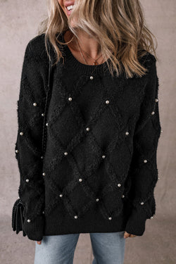 Valerie Pearl Embellished Rhombus Pattern Sweater