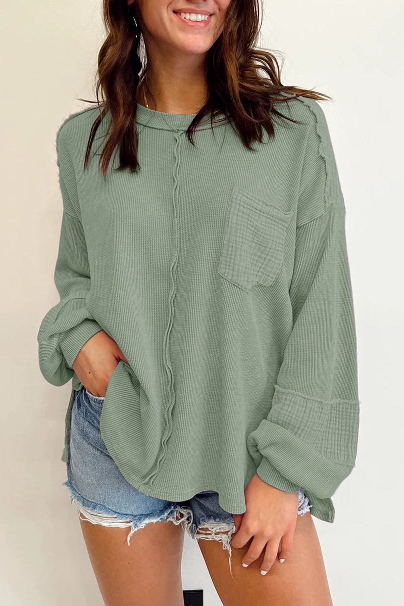 Noa Exposed Seam Patchwork Bubble Sleeve Waffle Knit Top