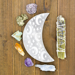 Celestial Engraved Crescent Moon Selenite Plate