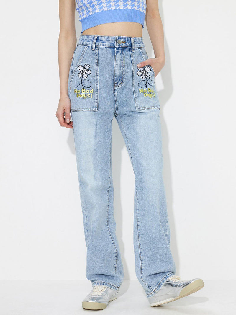 Flower High Rise Straight Leg Jeans with Pockets