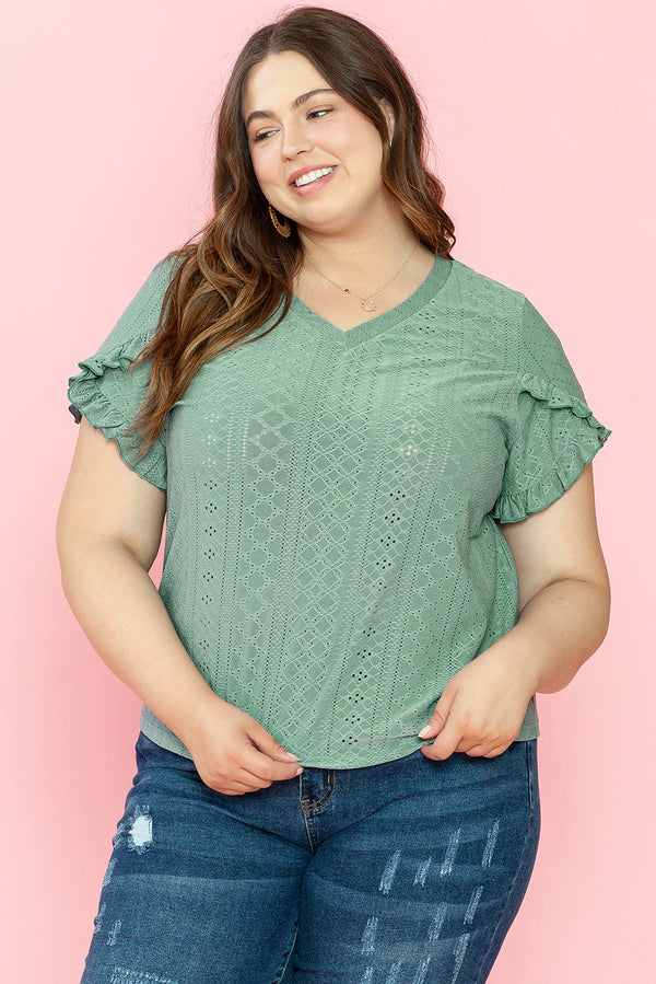 Lakelynn Petal Sleeve Jacquard v Neck Plus Size Blouse