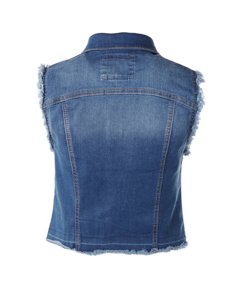 ZIMEGO Junior Fit Women's Distressed Denim Vest Sleeveless Button Up Slim Jacket