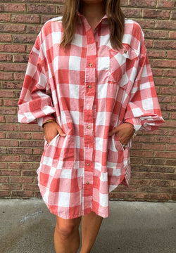 Plaid Collared Neck Long Sleeve Shirt Dress