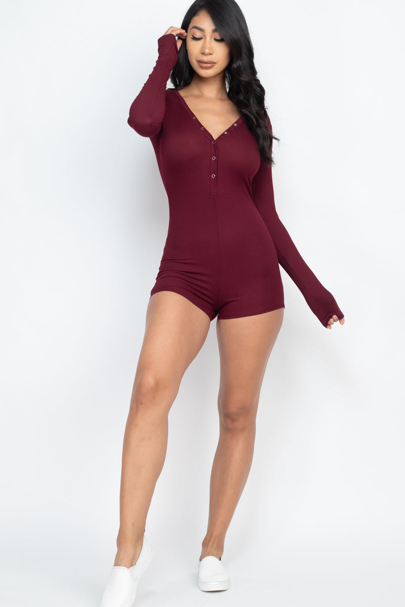 Ribbed Button Neck Long Sleeve Bodycon Romper (CAPELLA)