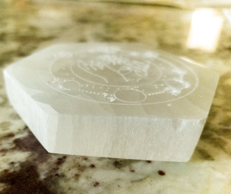 NEW Celestial Engraved Selenite Hexagon Plate