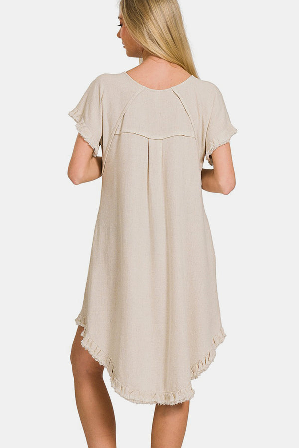 Zenana Fringe Edge High Low Flowy Dress with Pockets