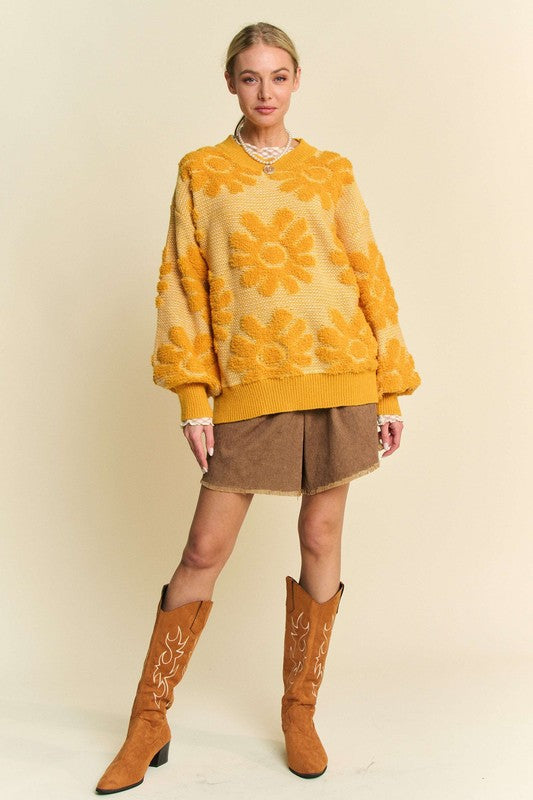 Davi & Dani Flower Texture Round Neck Dropped Shoulder Sweater