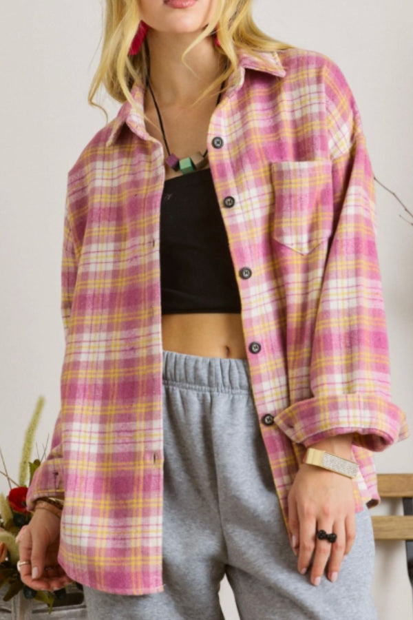 Plaid Collared Neck Button Up Shacket