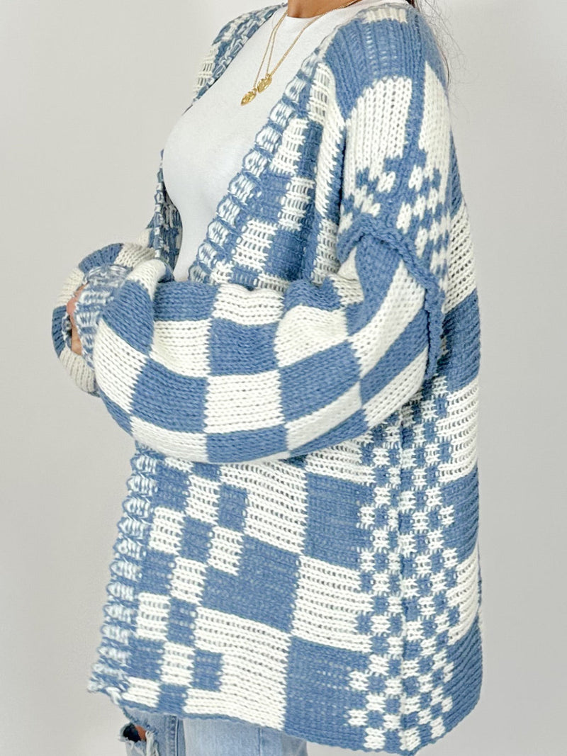 Checkered Open Front Long Sleeve Cardigan