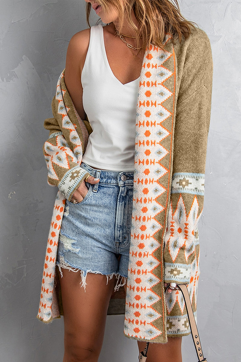 Geometric Open Front Long Sleeve Cardigan