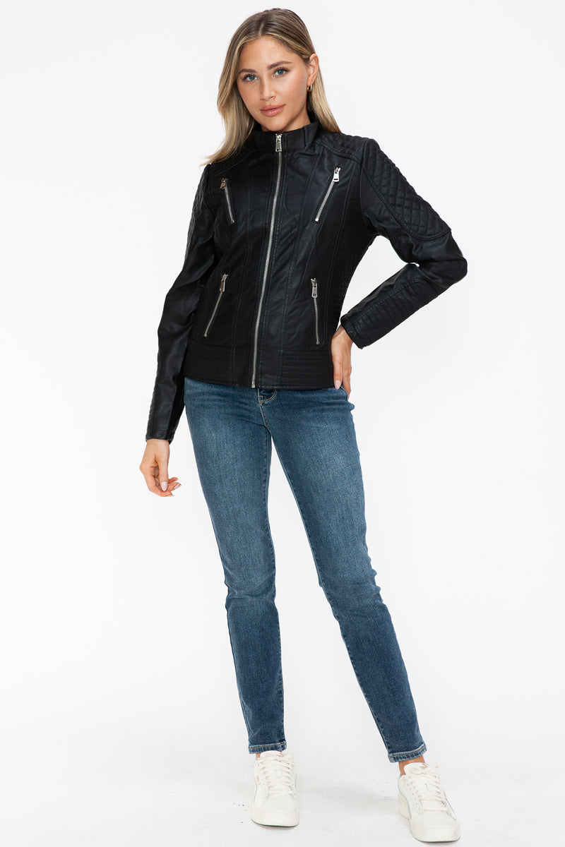 Snobbish Faux Leather Zip Up Mock Neck Jacket