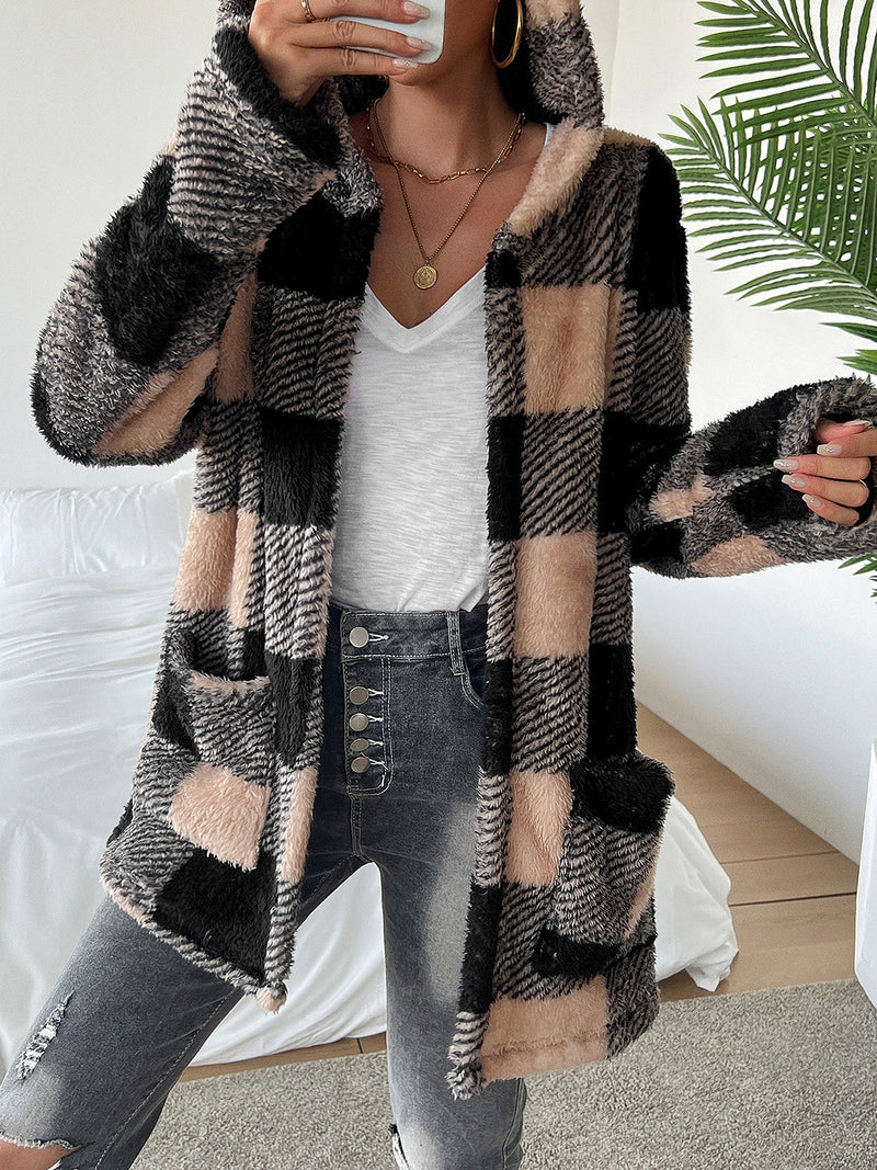 Devine Fuzzy Plaid Open Front Hooded Jacket