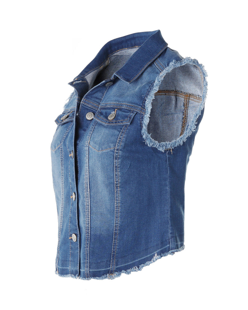 ZIMEGO Junior Fit Women's Distressed Denim Vest Sleeveless Button Up Slim Jacket