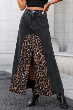 Slit Leopard Midi Denim Skirt