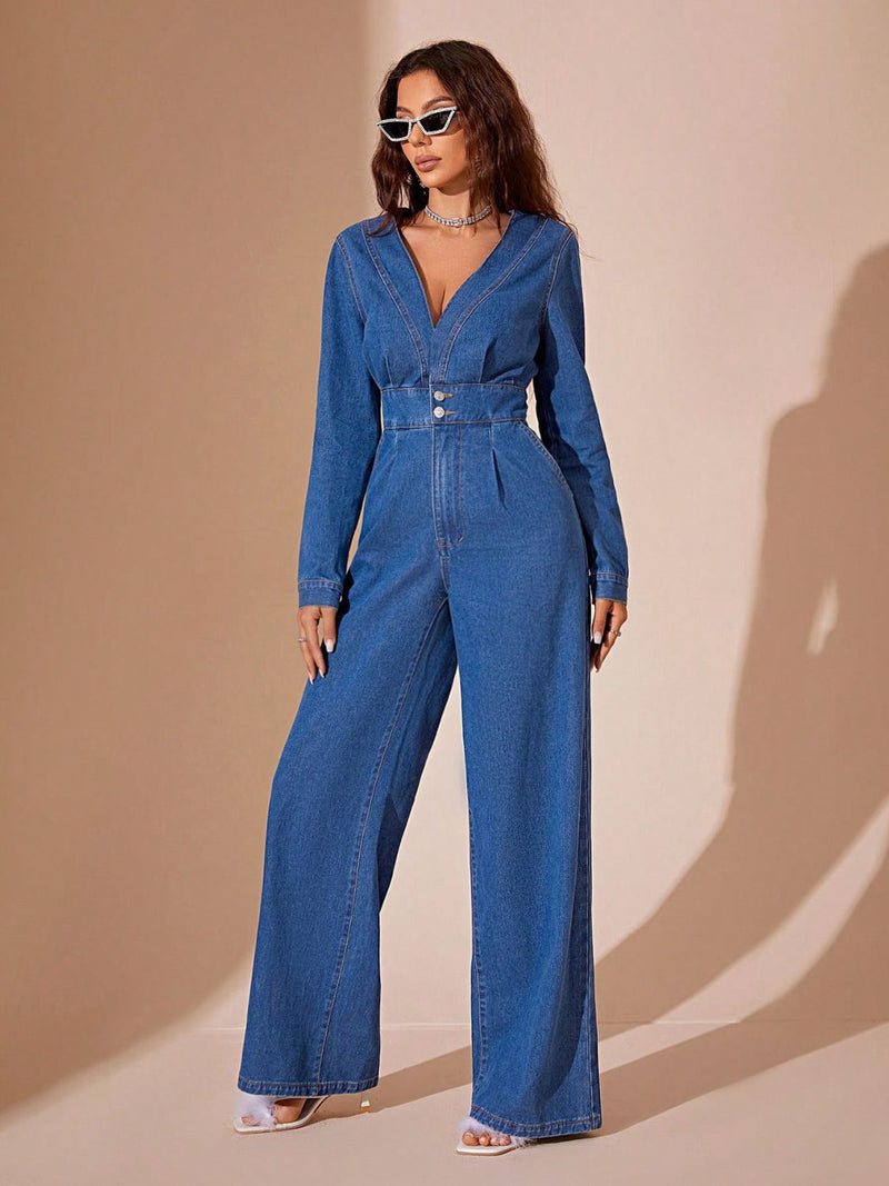 Plunge Long Sleeve Wide Leg Denim Jumpsuit