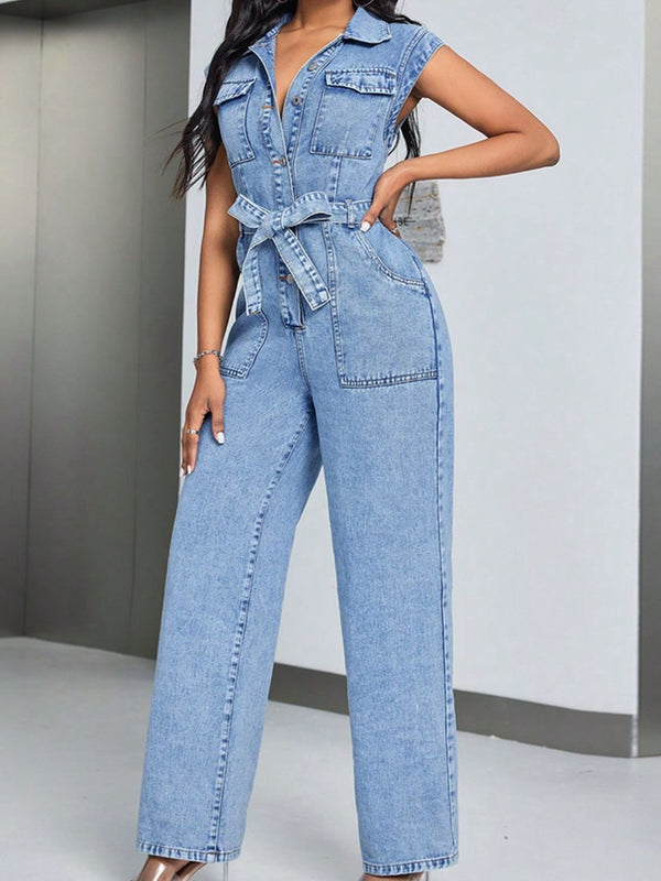 Tied Half Button Denim Jumpsuit with Pockets