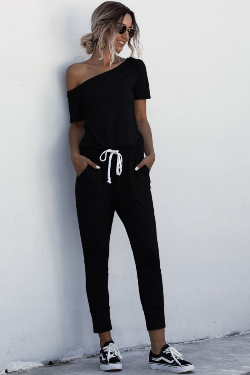 Asymmetrical Neck Tied Jumpsuit with Pockets