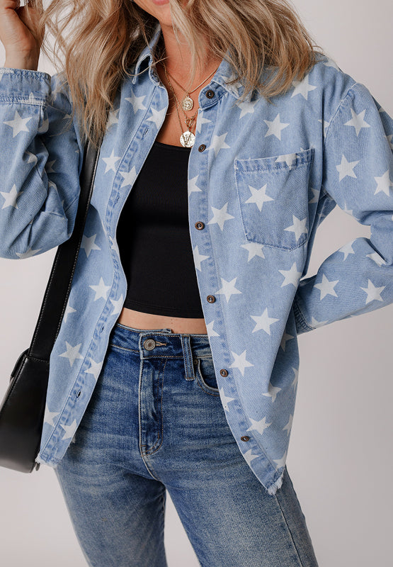 Raw Hem Star Collared Neck Denim Top