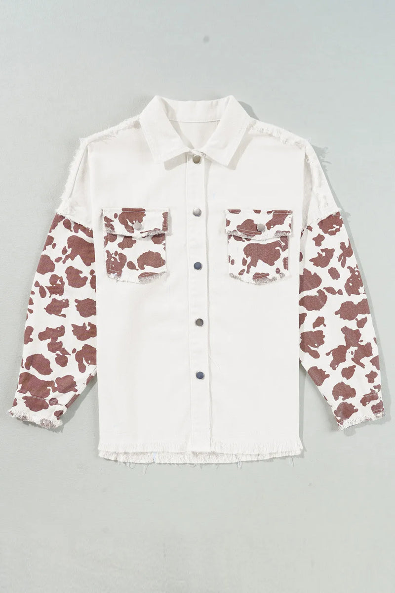 Raw Hem Animal Print Long Sleeve Denim Jacket