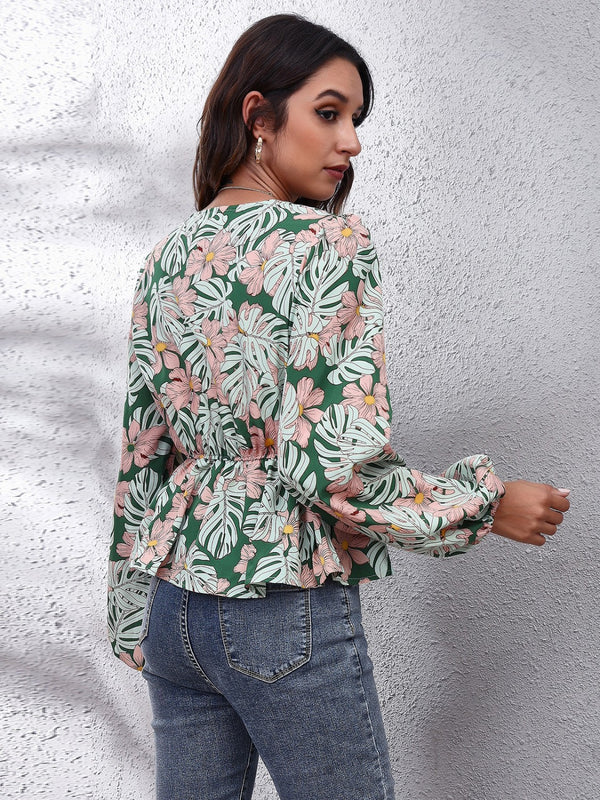 Floral V-Neck Balloon Sleeve Peplum Blouse