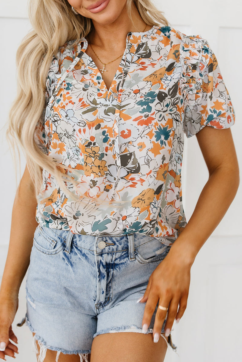 Milena Split v Neck Puff Sleeve Flower Print Blouse