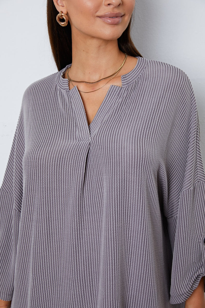 Notched Roll-Tab Sleeve Blouse